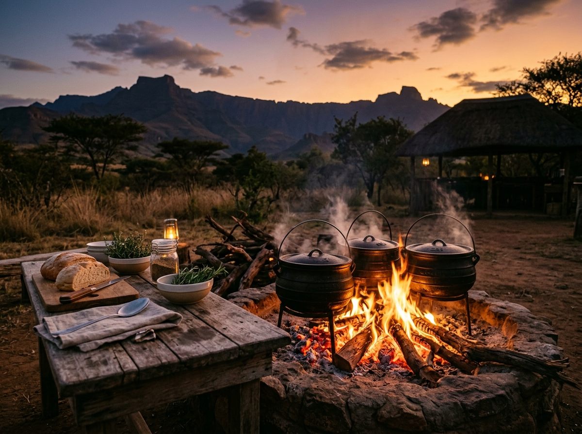 Potjie pots cooking over an open fire at sunset