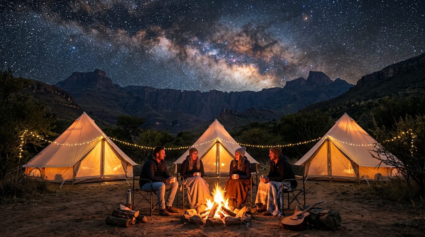 Glowing bell tents under the Milky Way