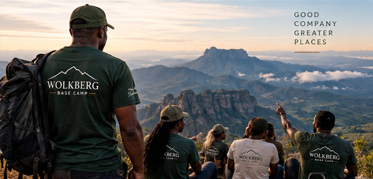 A group of hikers in Wolkberg Base Camp shirts looking out over the mountains