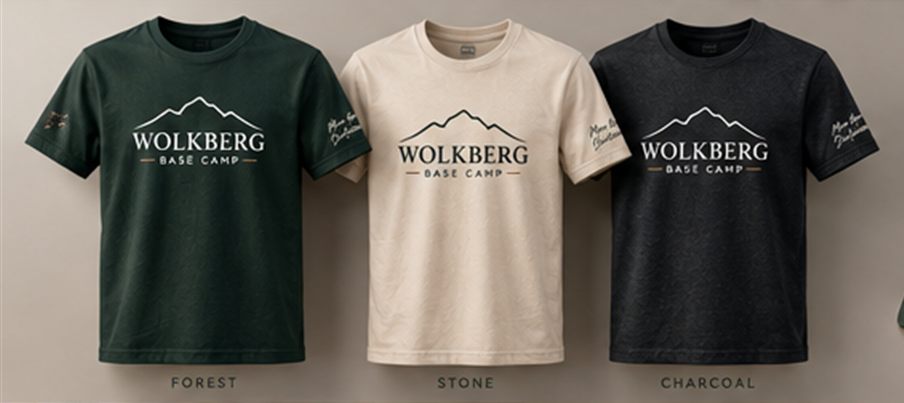 Wolkberg Base Camp t-shirts in forest, stone and charcoal