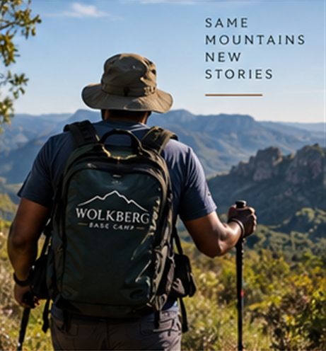 Hiker with a Wolkberg Base Camp backpack overlooking the valley