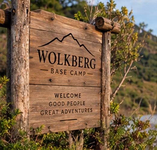 Wooden Wolkberg Base Camp welcome sign